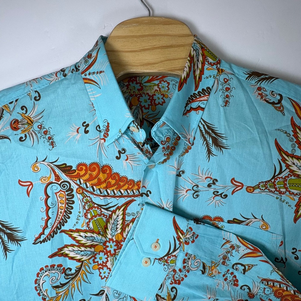 Alan Flusser Men's Bright Blue Paisley Long Sleeve Button Down Casual Sz XL
